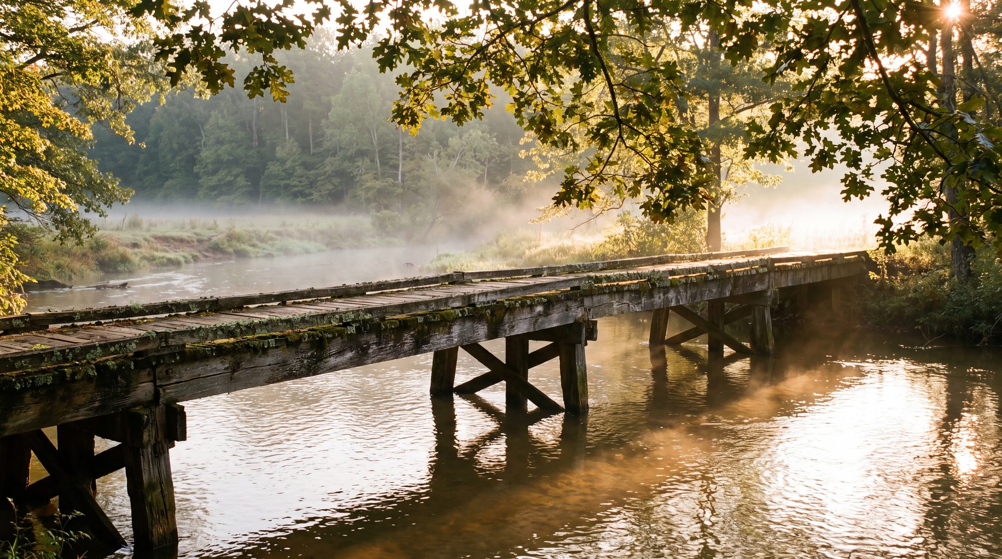 A timber footbridge over a creek at first light