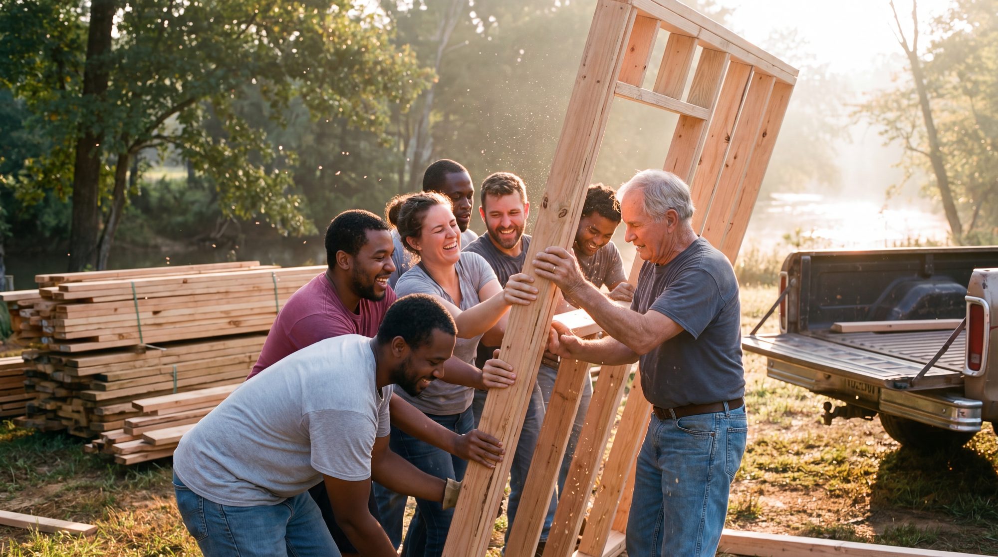 Neighbours lifting a wall frame together