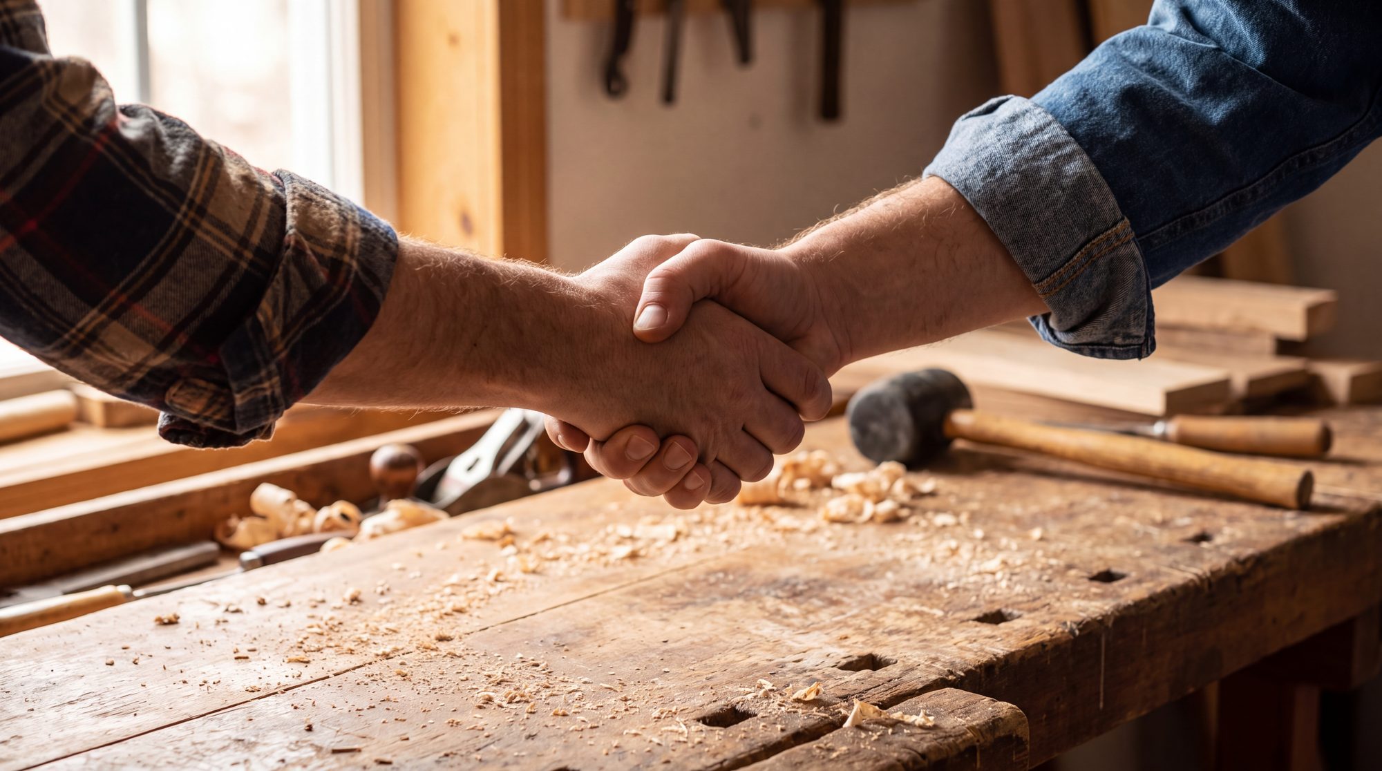 Two hands clasped over a workbench