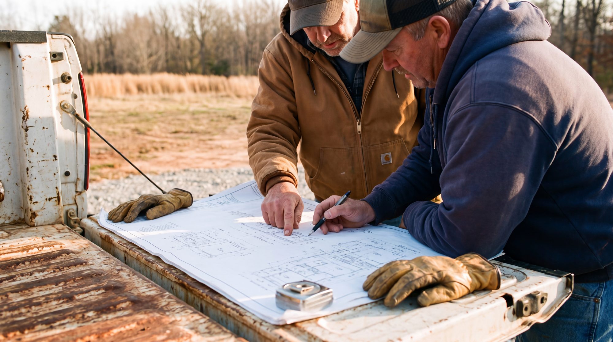 Two people over a drawing on a truck tailgate