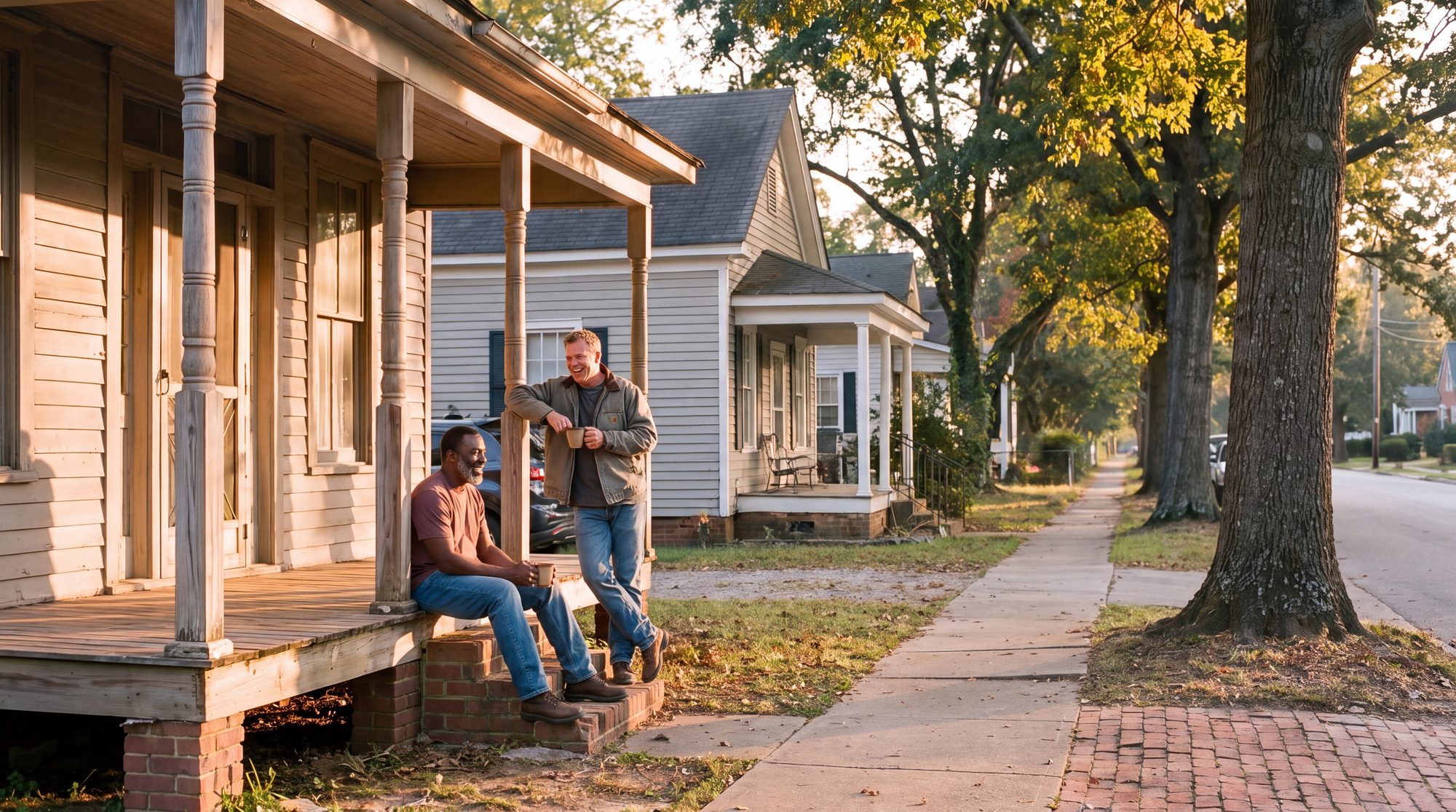 Two men talking on a front porch