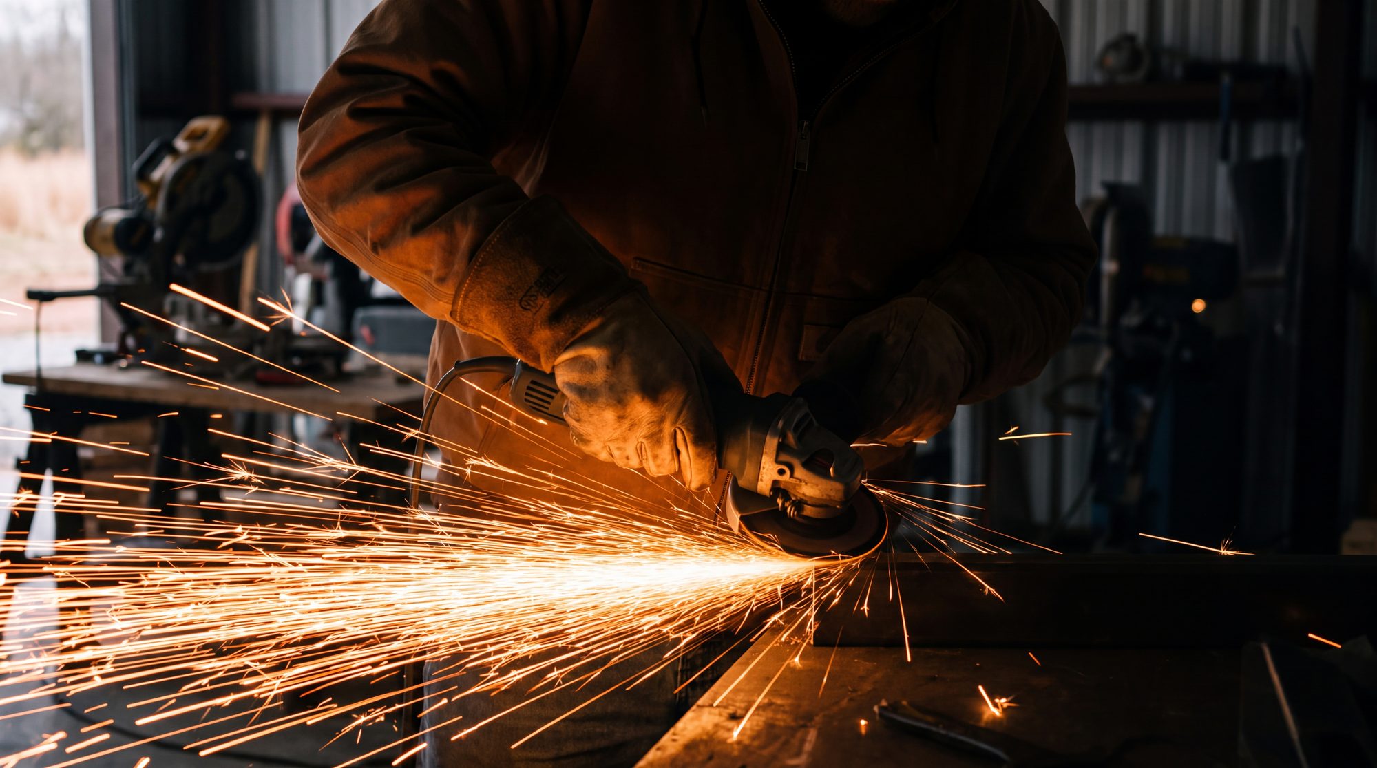 Sparks from a grinder lighting a worker's hands