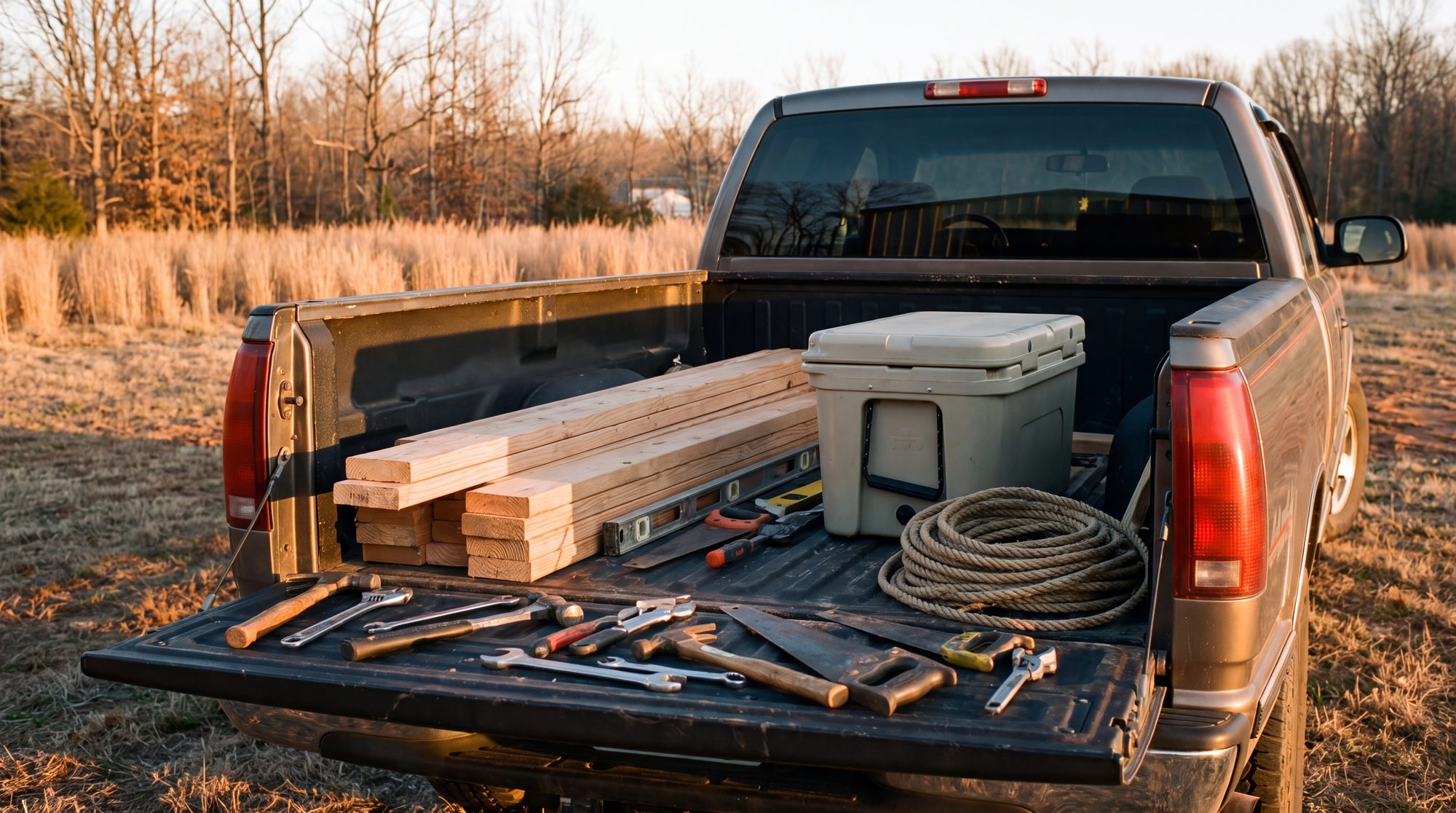 An open truck bed of tools at the end of the day